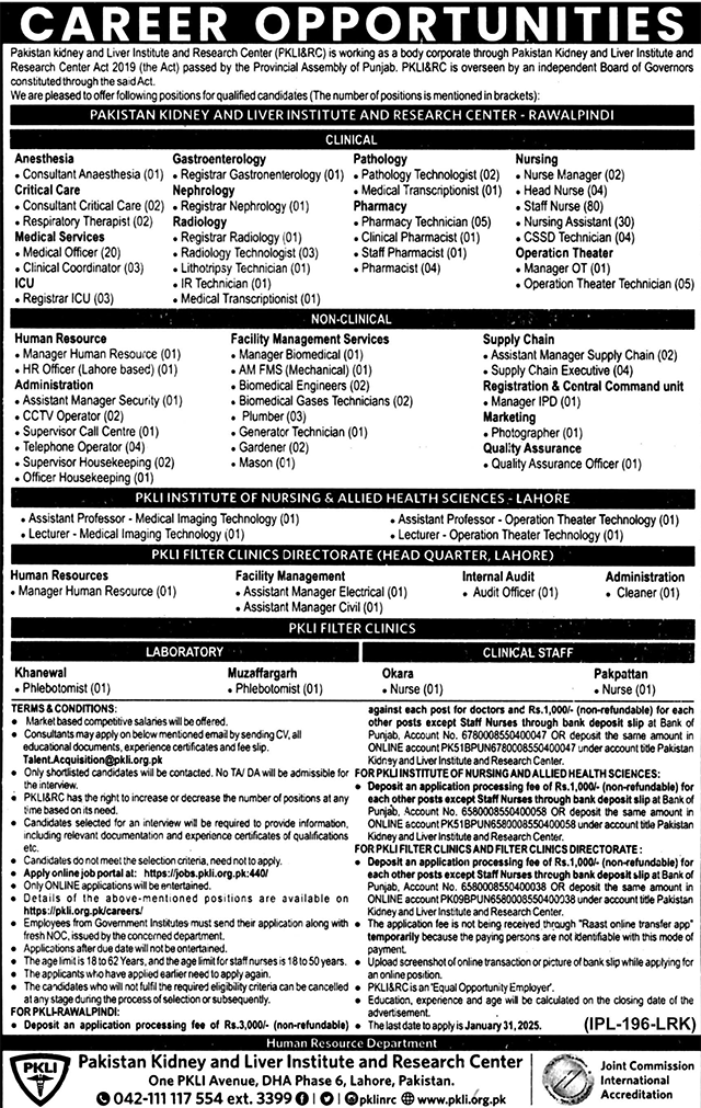 PKLI Jobs at the Pakistan Kidney & Liver Institute & Research Center