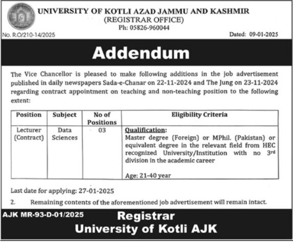 Jobs at Kotli Azad University in Jammu & Kashmir for 2025