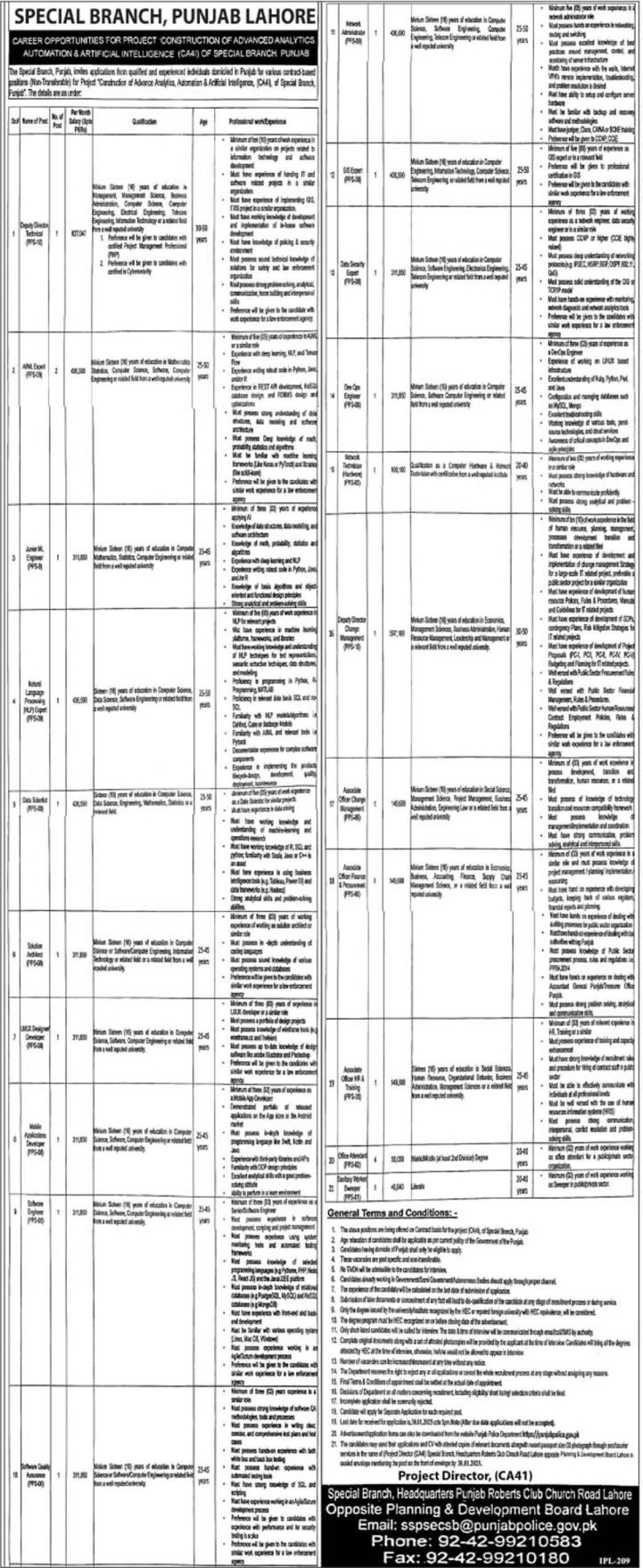 Notice of Openings for Special Branch Punjab Police Lahore in 2025