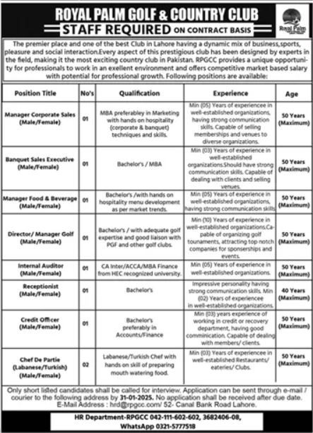 Employment at Royal Palm Golf & Country Club in Lahore, 2025