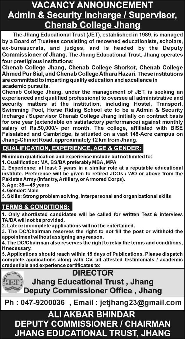 Jobs at Chenab College Jhang 2025 for an Admin Manager