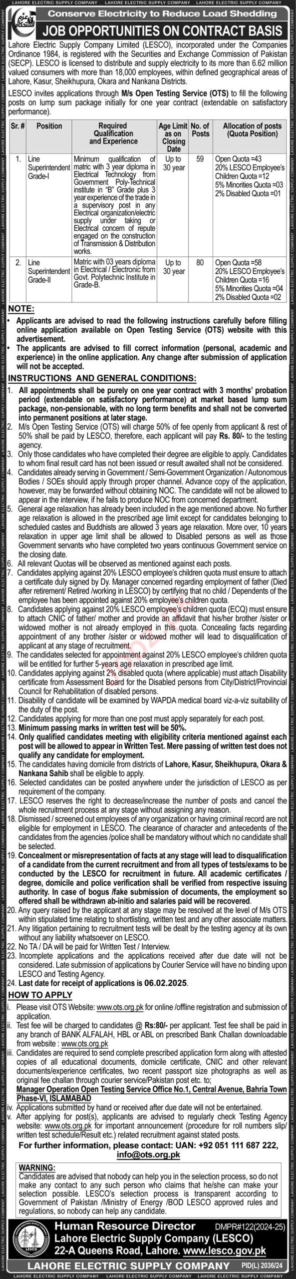 Lahore Electric Supply Company (LESCO) Career Opportunities