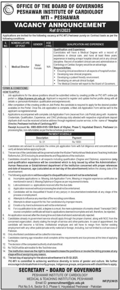 Peshawar Jobs 2025 at Peshawar Institute of Cardiology PIC MTI Peshawar