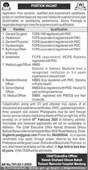 Jobs at Bakhsh Raisani Hospital SNGBRMH Nawab Shaheed Ghous