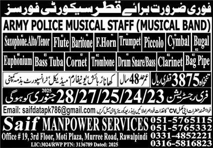 Jobs for Army Police Musical Staff in Qatar in 2025