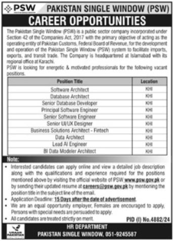 Karachi Jobs for Pakistan Single Window PSW 2025