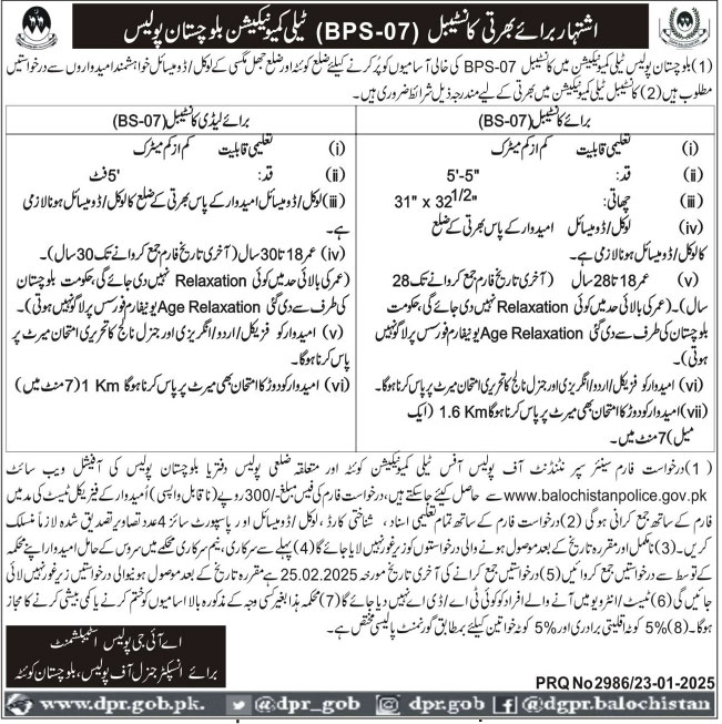 Jobs for Constables and Lady Constables in the Balochistan Police Department, 2025