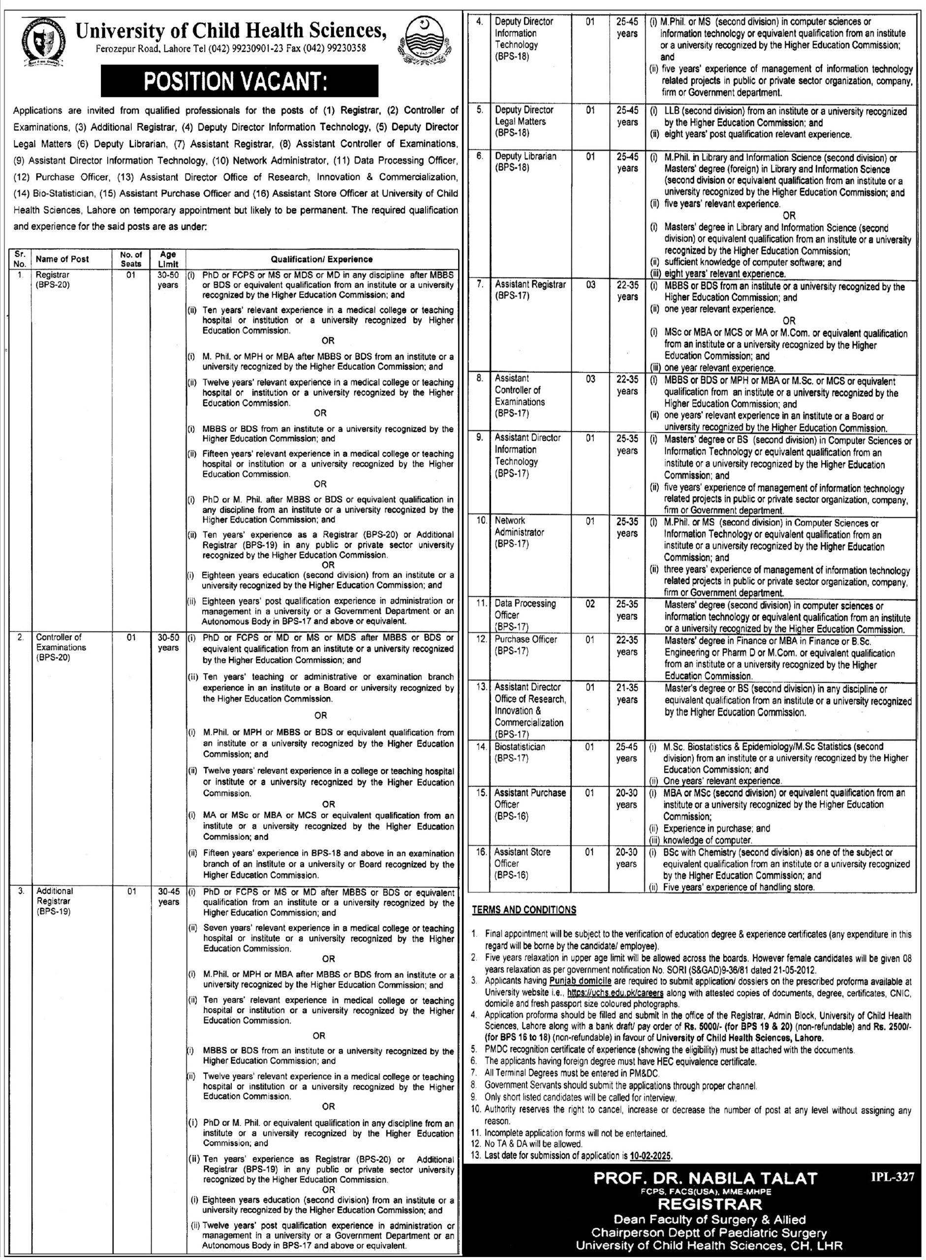 Jobs at UCHS Lahore, University of Child Health Sciences, 2025