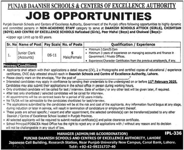 Jobs for Clerks in Punjab Daanish Schools PDS&CEA Attock 2025