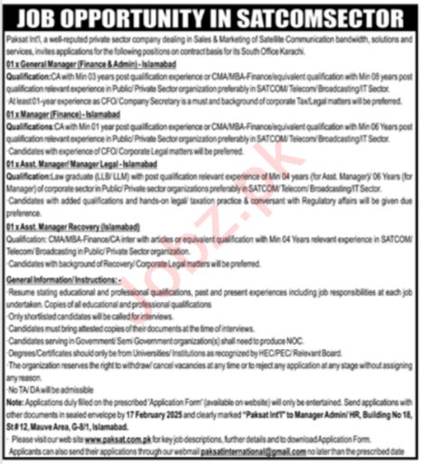 Karachi Jobs at Paksat IntL Private Limited 2025