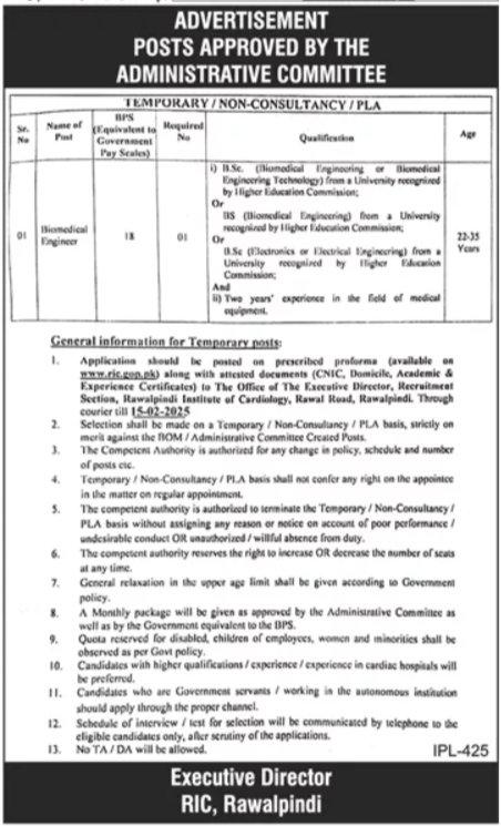 Jobs for the Rawalpindi Institute of Cardiology (RIC) 2025