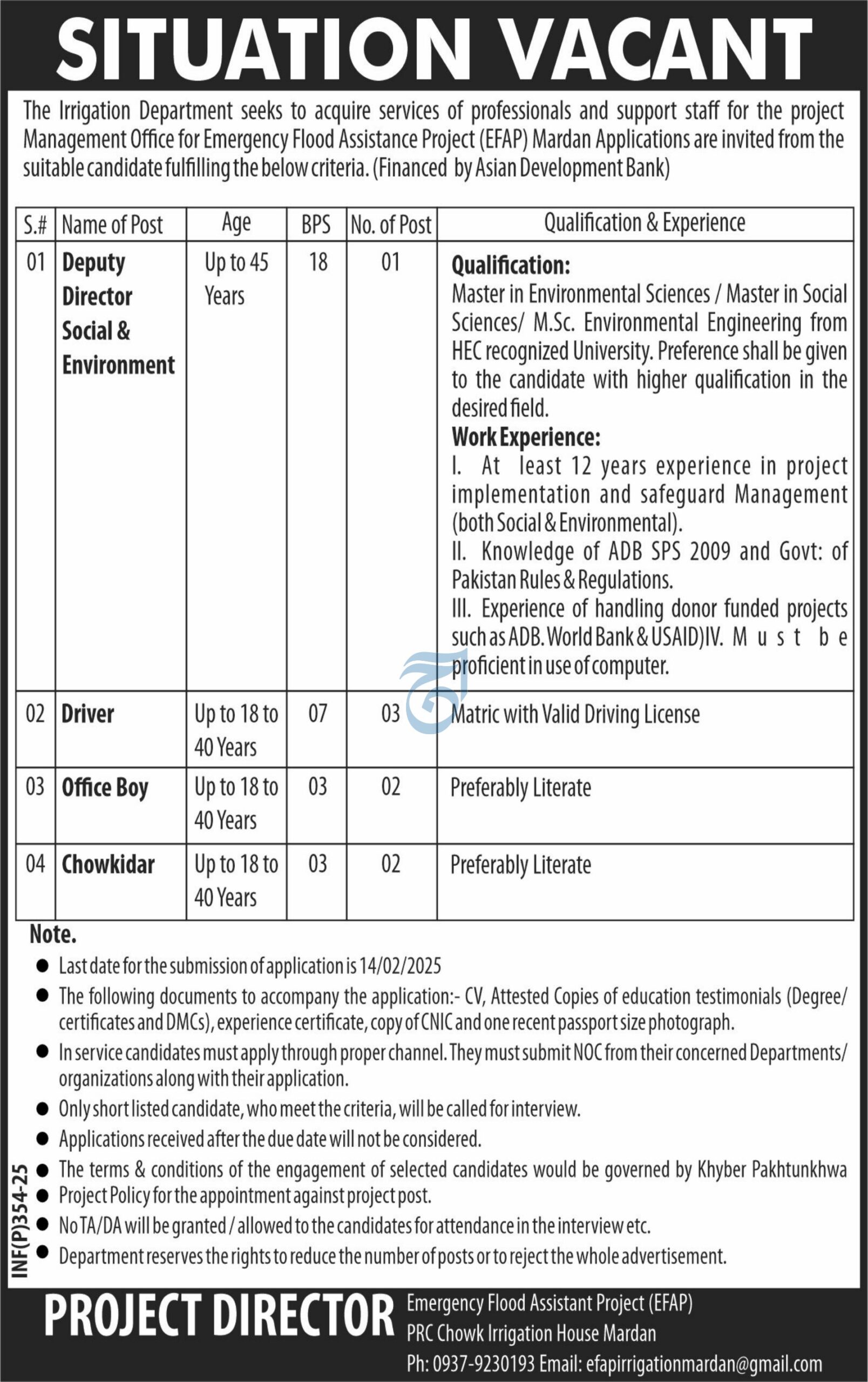 Jobs for the Emergency Flood Assistance Project (EFAP) Mardan 2025