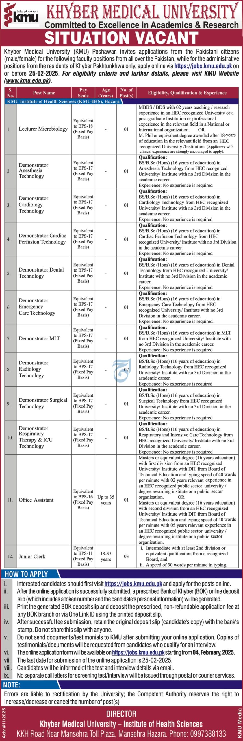 Jobs at Khyber Medical University (KMU) for Lecturers in 2025