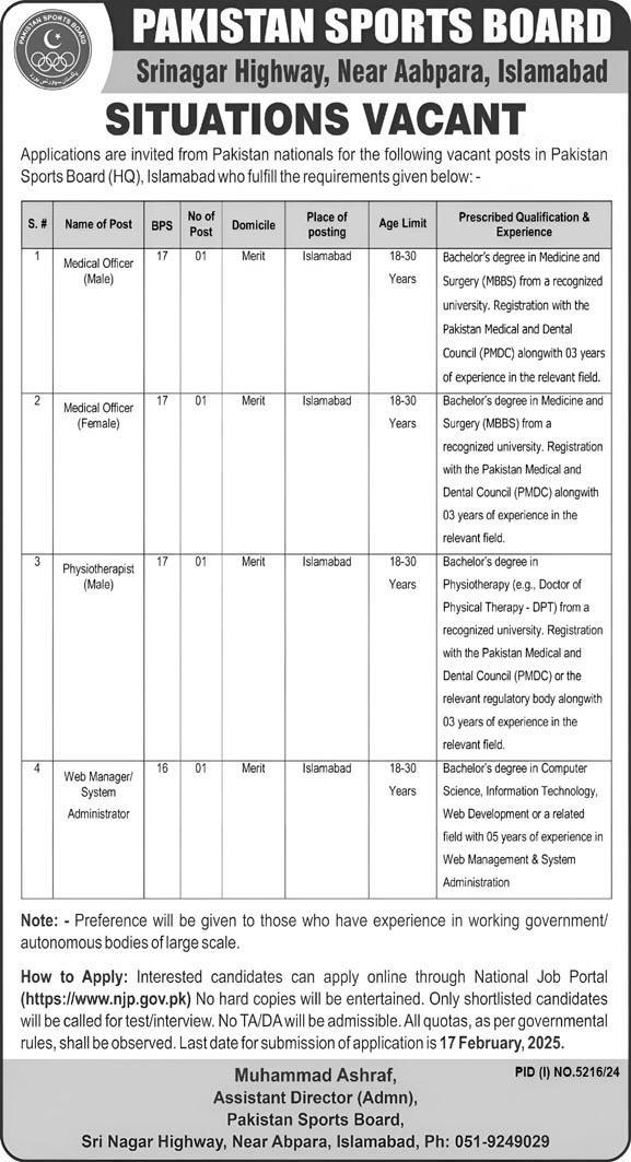 Jobs at the Pakistan Sports Board (PSB) in Islamabad, 2025