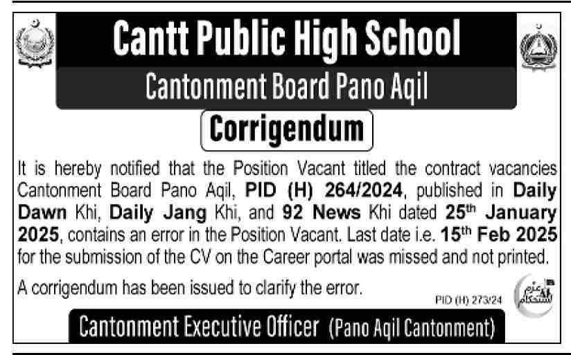 Jobs for Teachers at Cantt Public High School Pano Aqil in 2025