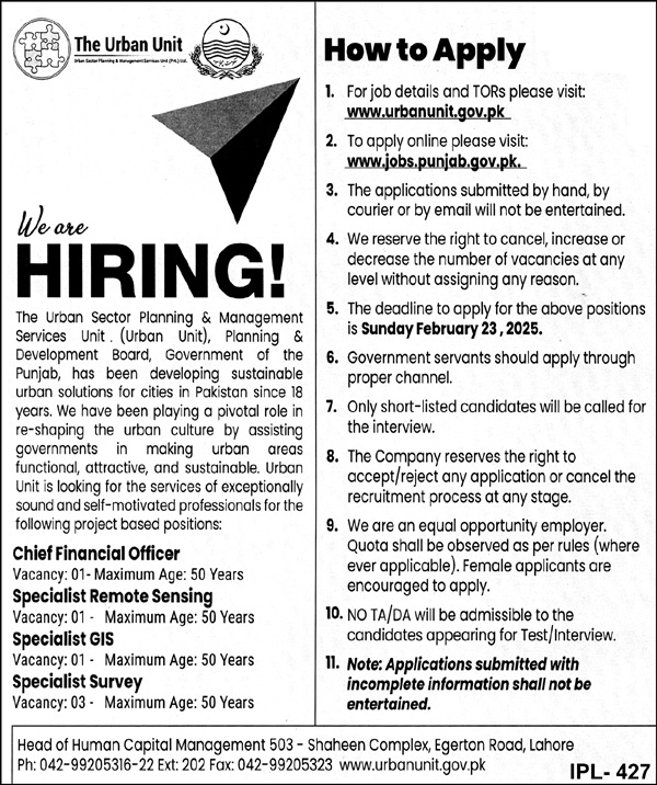 The Urban Unit Lahore Specialist Survey Jobs 2025