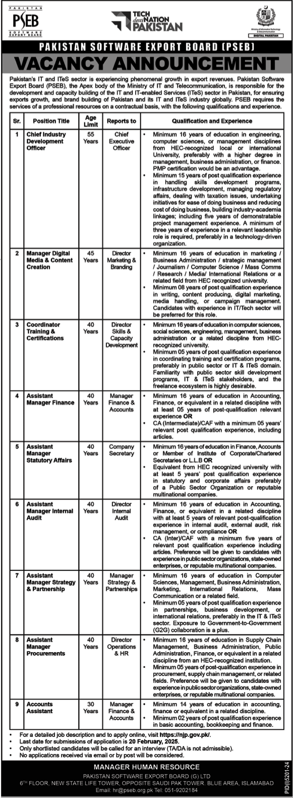 Islamabad Jobs at the Pakistan Software Export Board (PSEB) 2025