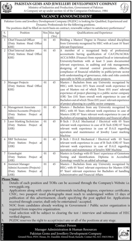 PGJDC Jobs at Pakistan Gems & Jewellery Development Company