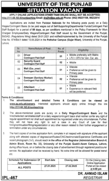 Jobs at the University of the Punjab (PU) in Lahore, 2025