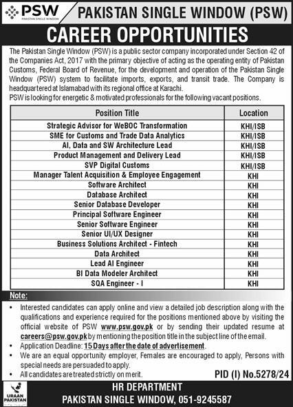 Pakistan Single Window Jobs for PSW Islamabad in 2025