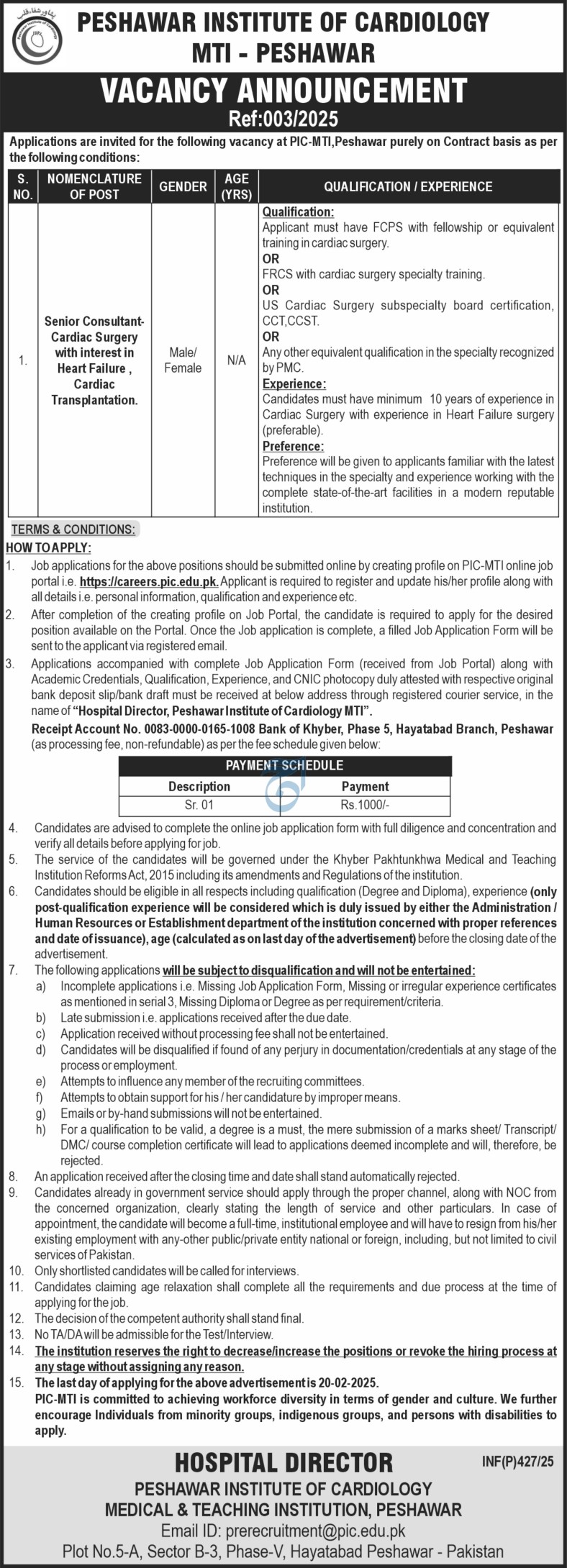 Jobs at the Peshawar Institute of Cardiology (PIC MTI) 2025