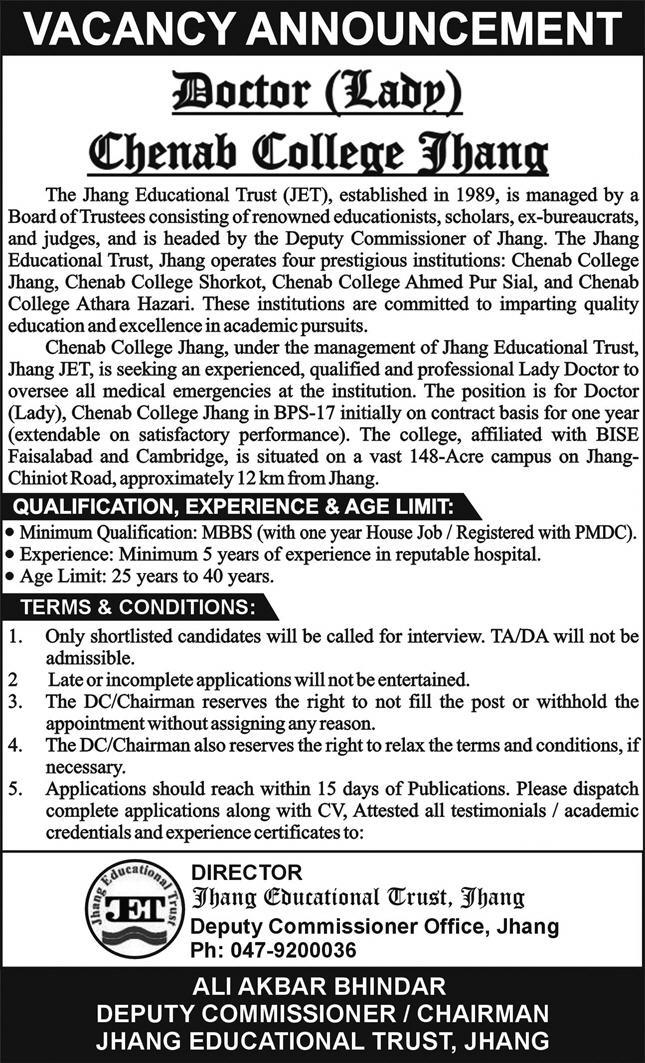 Jobs at Chenab Collge Jhang for Lady Doctors in 2025